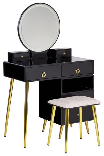 Toaletní stolek se 6 zásuvkami LED zrcadlem a stoličkou černý/ zlatý YVES