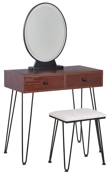 Toaletní stolek se 2 zásuvkami LED zrcadlem a stoličkou tmavé dřevo/ černý LOIX