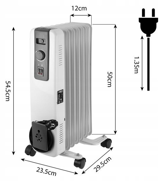 ELEKTRICKÝ OLEJOVÝ RADIÁTOR MALÝ OHŘÍVAČ 1500W TERMOSTAT NEO TOOLS
