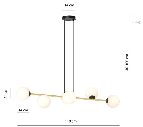 Závěsné svítidlo GRAVITY 6 – černé, opálové sklo, 6× E14, šířka 110 cm