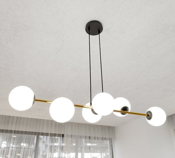 Závěsné svítidlo GRAVITY 6 – černé, opálové sklo, 6× E14, šířka 110 cm