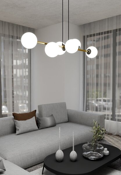 Závěsné svítidlo GRAVITY 6 – černé, opálové sklo, 6× E14, šířka 110 cm