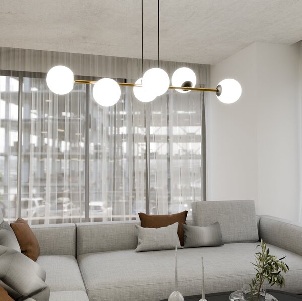 Závěsné svítidlo GRAVITY 6 – černé, opálové sklo, 6× E14, šířka 110 cm