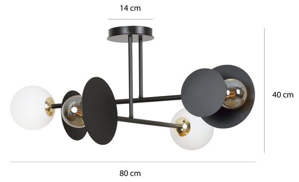 Stropní svítidlo MINERVA 4 – černé, bílé sklo, 2× E27, šířka 80 cm
