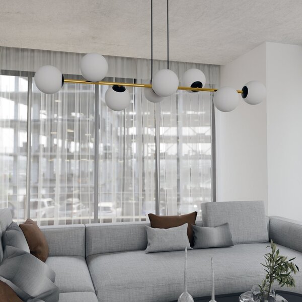 Závěsné svítidlo GRAVITY 8 – černé, opálové sklo, 8× E14, šířka 140 cm