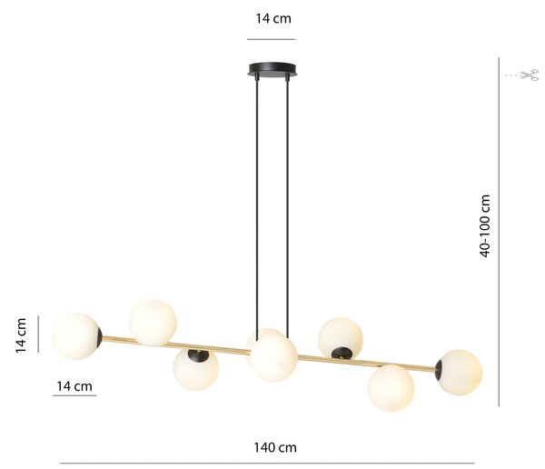 Závěsné svítidlo GRAVITY 8 – černé, opálové sklo, 8× E14, šířka 140 cm