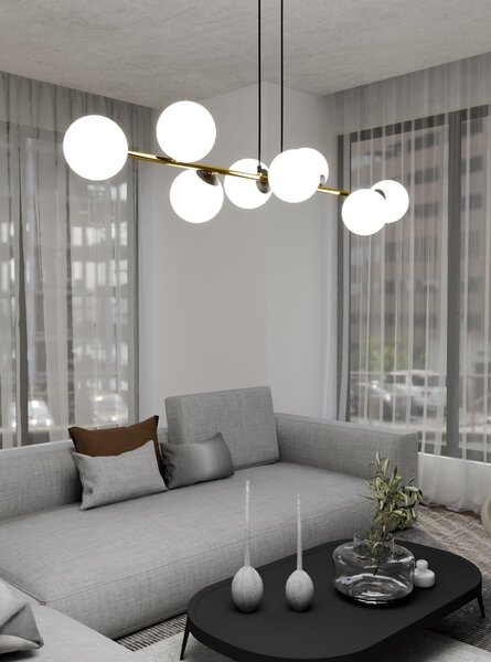 Závěsné svítidlo GRAVITY 8 – černé, opálové sklo, 8× E14, šířka 140 cm