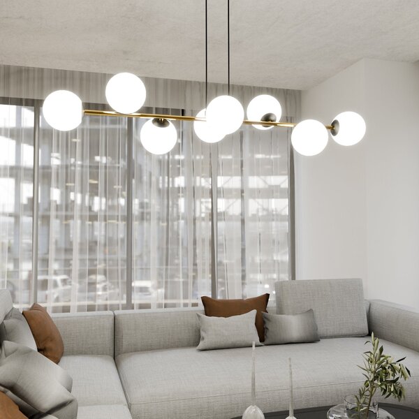 Závěsné svítidlo GRAVITY 8 – černé, opálové sklo, 8× E14, šířka 140 cm