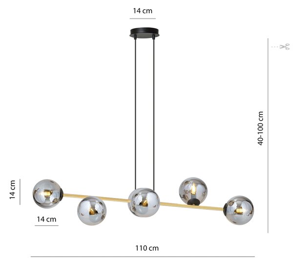 Závěsné svítidlo GRAVITY 6 – černé, grafitové sklo, 6× E14, šířka 110 cm