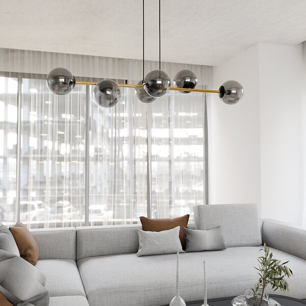 Závěsné svítidlo GRAVITY 6 – černé, grafitové sklo, 6× E14, šířka 110 cm