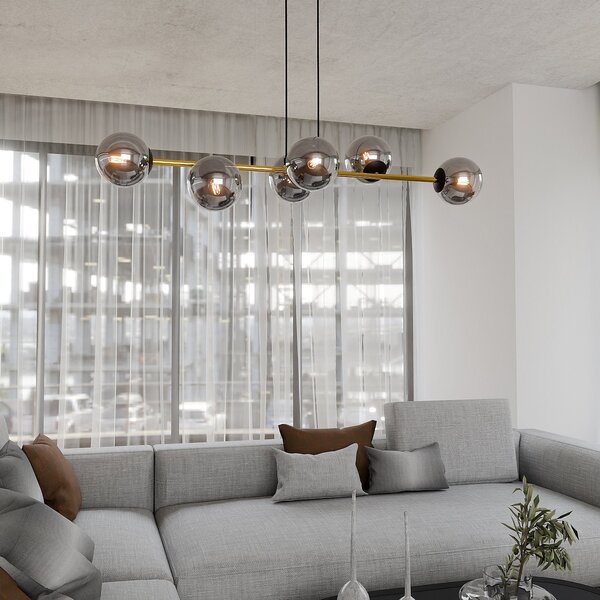 Závěsné svítidlo GRAVITY 6 – černé, grafitové sklo, 6× E14, šířka 110 cm