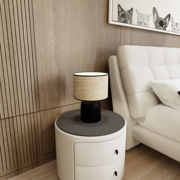Stolní lampa ASPEN LN1 – černá, hnědé textilní stínidlo, 1× E27, šířka 25 cm