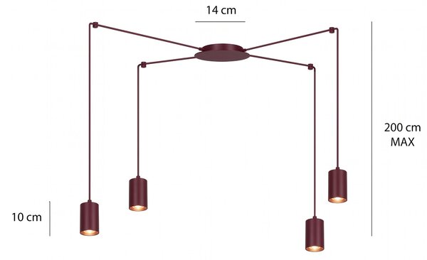 Závěsné svítidlo TRAKER 4 – vínové, 4× GU10, šířka 300 cm