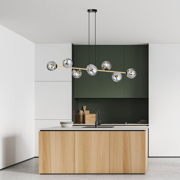 Závěsné svítidlo GRAVITY 8 – černé, grafitové sklo, 8× E14, šířka 140 cm