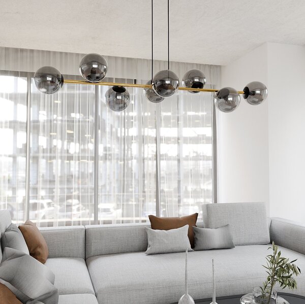 Závěsné svítidlo GRAVITY 8 – černé, grafitové sklo, 8× E14, šířka 140 cm