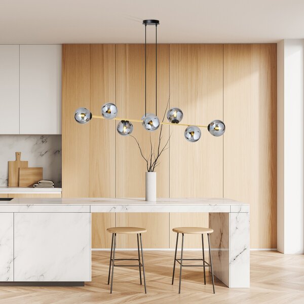 Závěsné svítidlo GRAVITY 8 – černé, grafitové sklo, 8× E14, šířka 140 cm