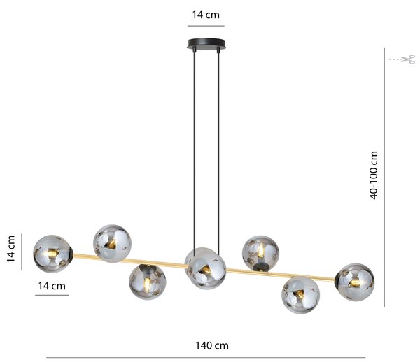 Závěsné svítidlo GRAVITY 8 – černé, grafitové sklo, 8× E14, šířka 140 cm