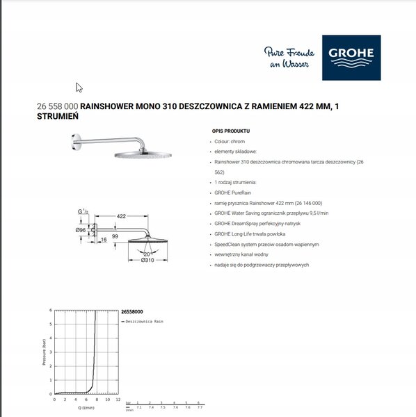 Grohe Rainshower Sprchová hlavice s ramenem 422 mm, 1 proud chrom 26558000
