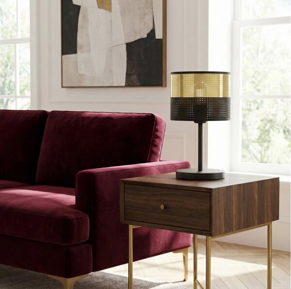 Stolní lampa LUX LN1 – černá / zlatá, textilní stínidlo, 1× E27, šířka 20 cm
