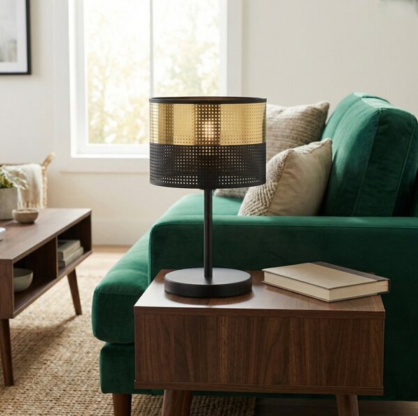 Stolní lampa LUX LN1 – černá / zlatá, textilní stínidlo, 1× E27, šířka 20 cm