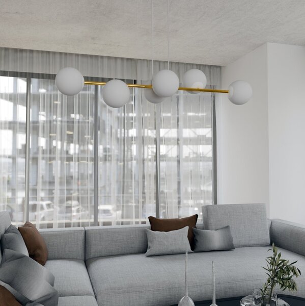 Závěsné svítidlo GRAVITY 6 – bílé / zlaté, sklo, 6× E14, šířka 110 cm