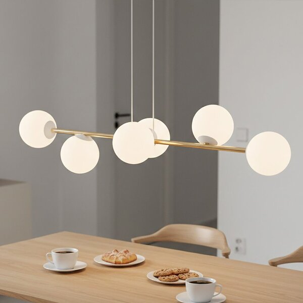 Závěsné svítidlo GRAVITY 6 – bílé / zlaté, sklo, 6× E14, šířka 110 cm