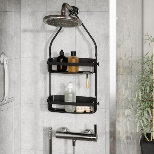 Umbra FLEX moderní černá závěsná koupelnová police do sprchy s háčky 65 cm