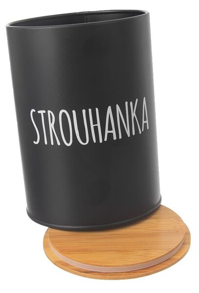 Orion Dóza na potraviny, plechová, černá, s bambusovým víkem, 1,3l, STROUHANKA