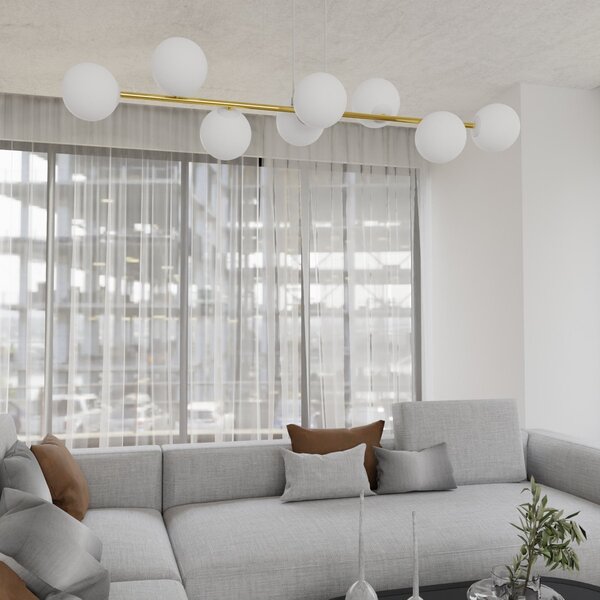 Závěsné svítidlo GRAVITY 8 – bílé / zlaté, sklo, 8× E14, šířka 140 cm