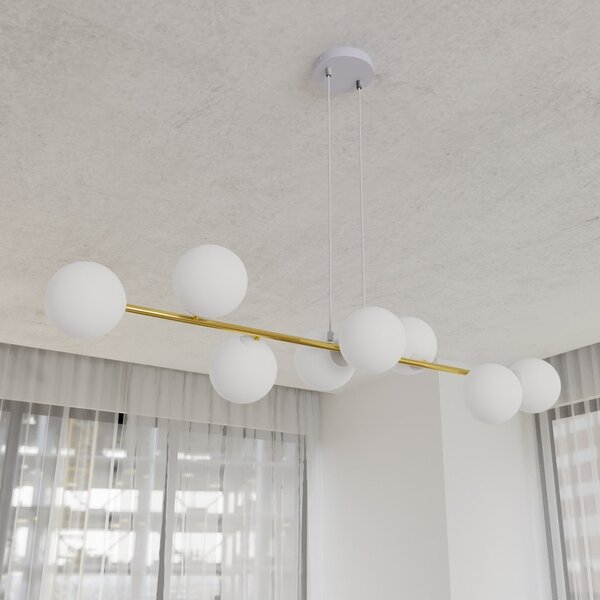 Závěsné svítidlo GRAVITY 8 – bílé / zlaté, sklo, 8× E14, šířka 140 cm