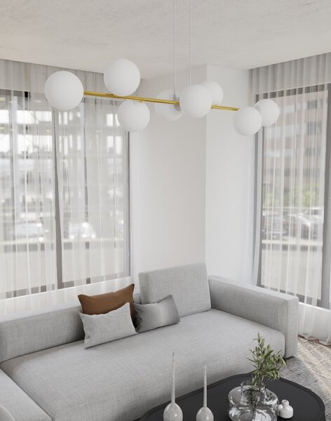 Závěsné svítidlo GRAVITY 8 – bílé / zlaté, sklo, 8× E14, šířka 140 cm