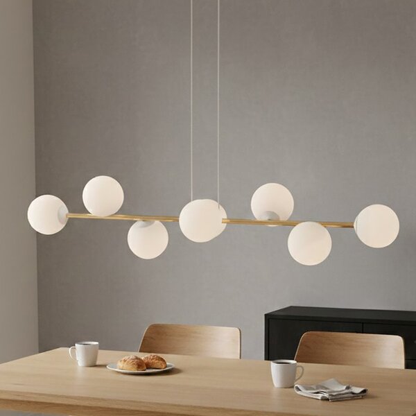Závěsné svítidlo GRAVITY 8 – bílé / zlaté, sklo, 8× E14, šířka 140 cm