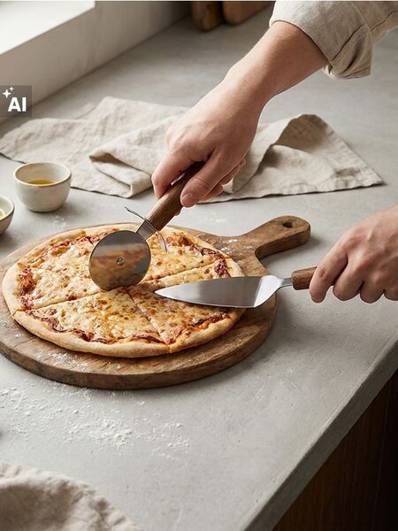 Sinsay - Sada náčiní na pizzu s dřevěnými rukojeťmi: nůž a kráječ na pizzu 2 pack - béžová