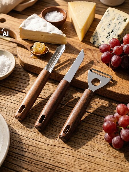 Sinsay - Sada kuchyňského náčiní s dřevěnými rukojeťmi: škrabky a nůž 3 pack - béžová