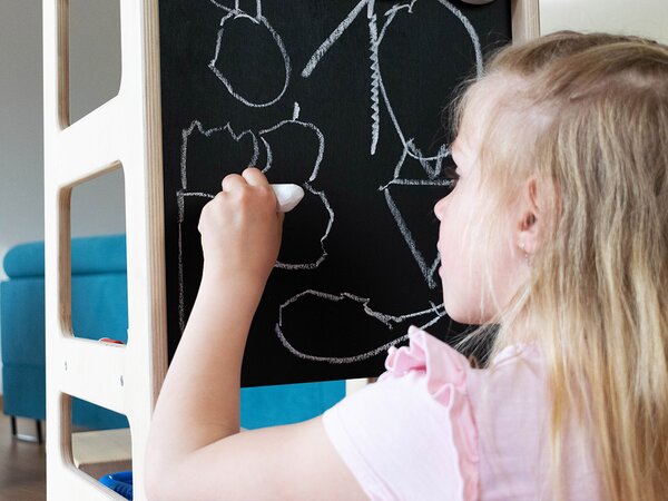 Multifunkční učící věž DĚTSKÝ OBCHŮDEK 4v1 s křídovou tabulí - Transparentní vosková lazura matná