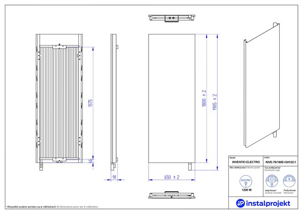 Instal Projekt Inventio Electro elektrický radiátor 180x65 cm bílá INVE-70/180E34+GH-12C1