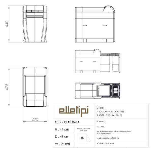 Vestavný odpadkový koš Elletipi CITY - výsuvný, 18+8 L , PTA 3045A