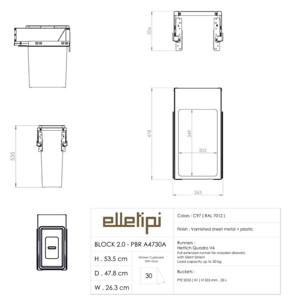 Vestavný odpadkový koš Elletipi BLOCK 2.0 - výsuvný, 35 L, PBR A4730A