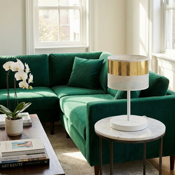 Stolní lampa LUX LN1 – bílá / zlatá, textilní stínidlo, 1× E27, šířka 20 cm