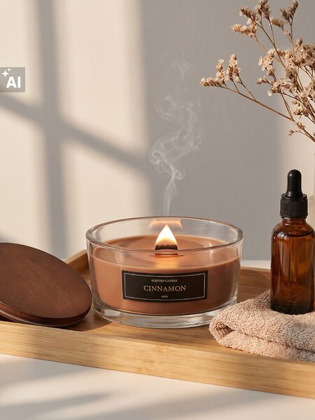 Sinsay - Vonná svíčka s dřevěným knotem Cinnamon - béžová