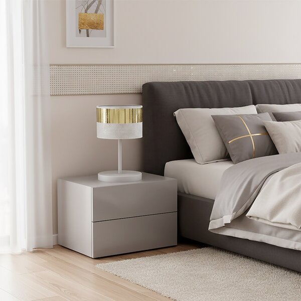 Stolní lampa LUX LN1 – bílá / zlatá, textilní stínidlo, 1× E27, šířka 20 cm