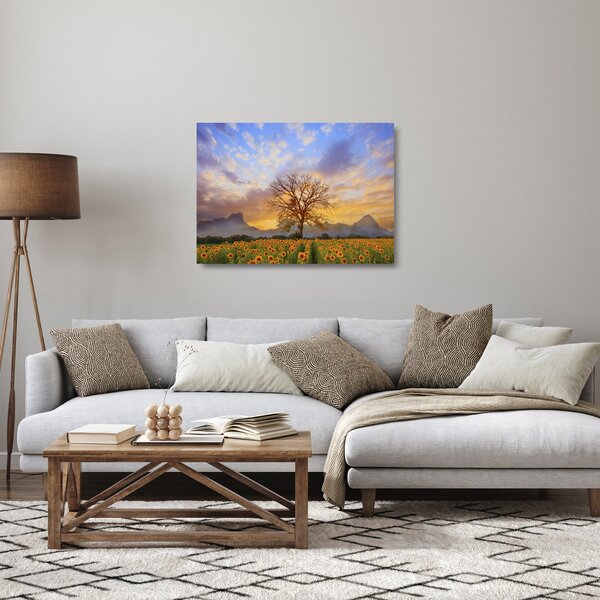 Skleněný obraz - Krajina se Slunečnicemi (70x50 cm)
