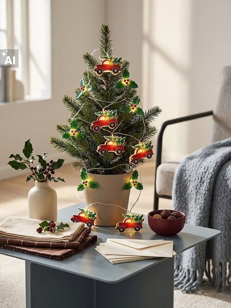 Sinsay - Sada LED světýlek na vánoční stromek s motivem autíček a cesmíny 2 pack - červená