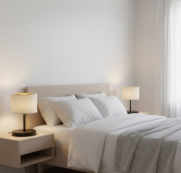 Stolní lampa HILDE LN1 – černá, bílé textilní stínidlo, 1× E27, šířka 18 cm