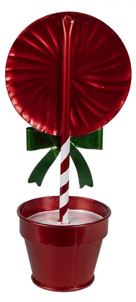 Kovová zeleno-červená vánoční dekorace lízátko Candy Cane v květináči – 12x9x26 cm