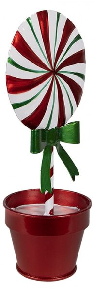 Kovová zeleno-červená vánoční dekorace lízátko Candy Cane v květináči – 12x9x26 cm
