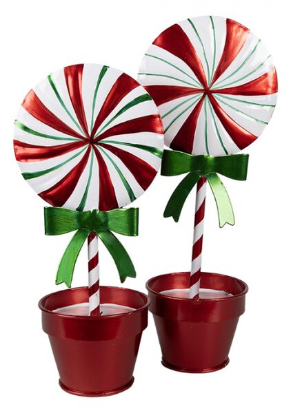 Kovová zeleno-červená vánoční dekorace lízátko Candy Cane v květináči – 12x9x31 cm