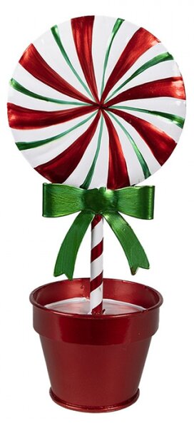 Kovová zeleno-červená vánoční dekorace lízátko Candy Cane v květináči – 12x9x26 cm