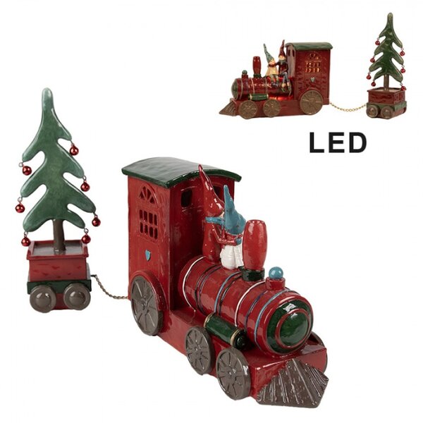 Červeno-zelená vánoční dekorace vláček s trpaslíky, stromečkem a s LED osvětlením – 30x7x21 cm
