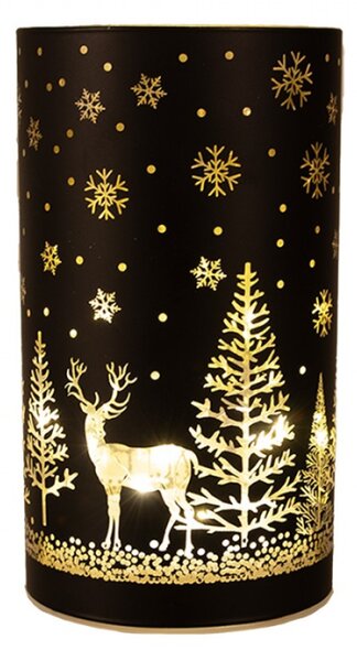 Skleněný černý svícen s LED světýlky stromy v zimě – 8x12 cm